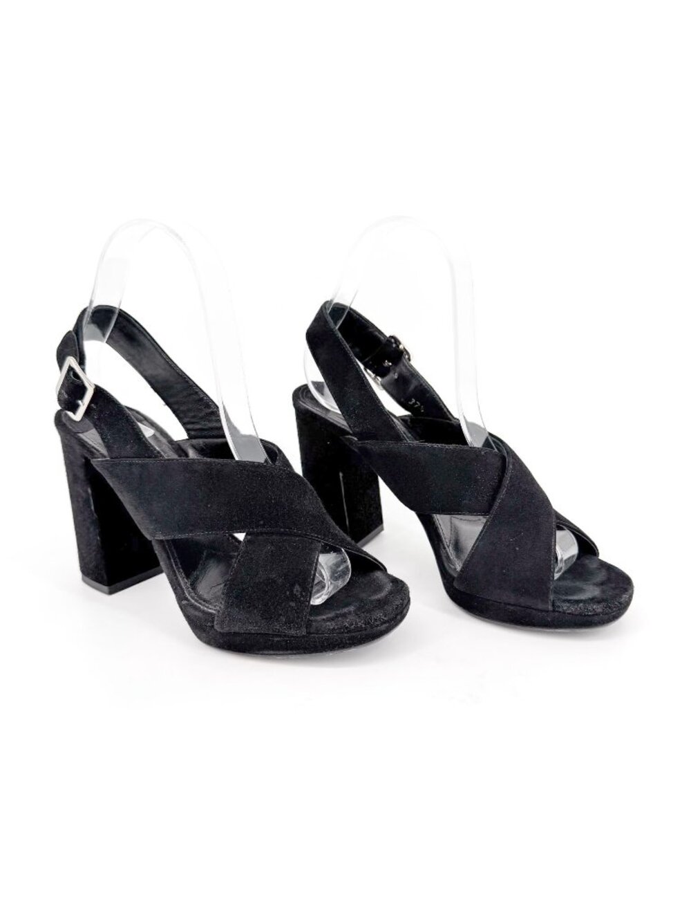 Prada Cross Strap Platform Sandals Black Suede Size 37.5 US 7.5 Women’s
